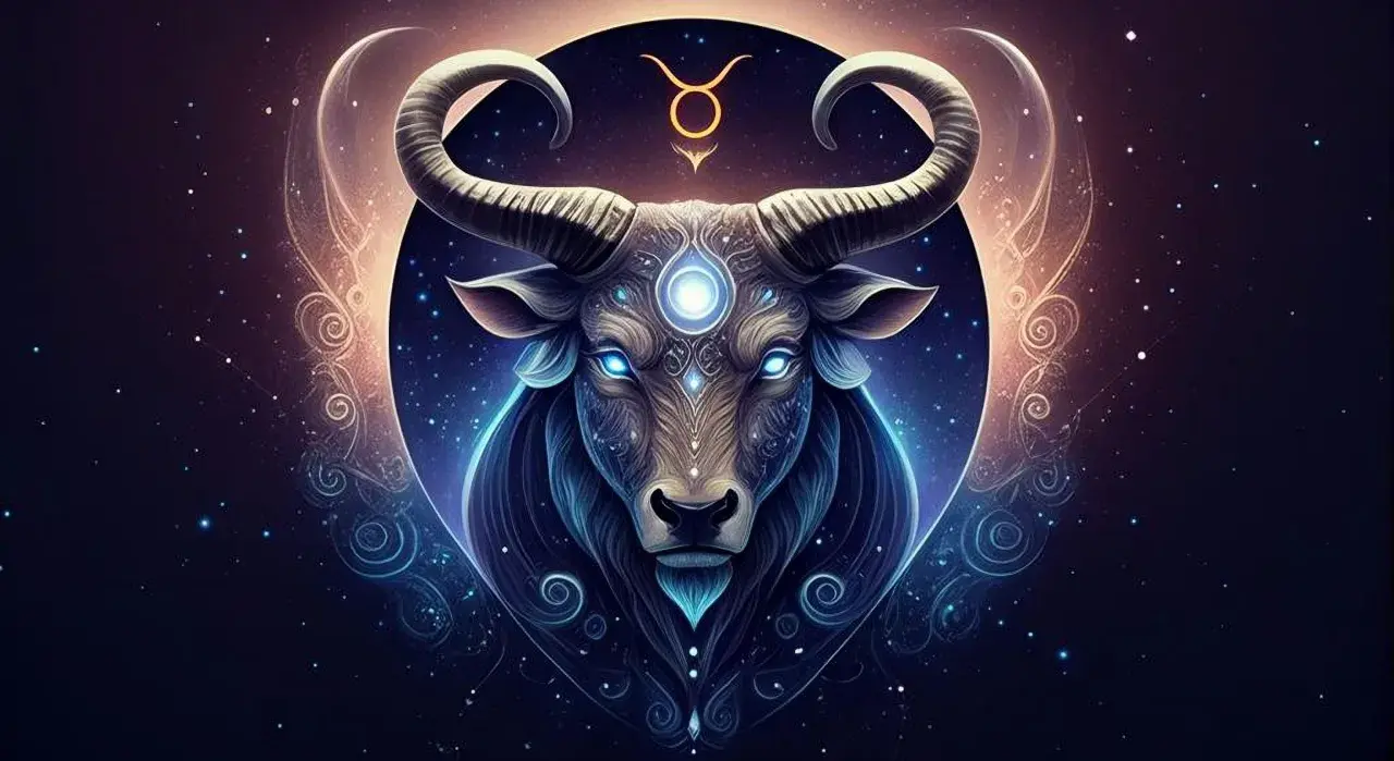 Mistyczny byk znak zodiaku, otoczony kosmicznymi wirami i gwiazdami, emanuje niebieską poświatą.