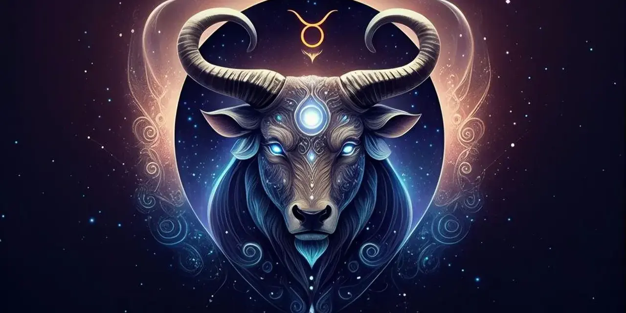 Mistyczny byk znak zodiaku, otoczony kosmicznymi wirami i gwiazdami, emanuje niebieską poświatą.