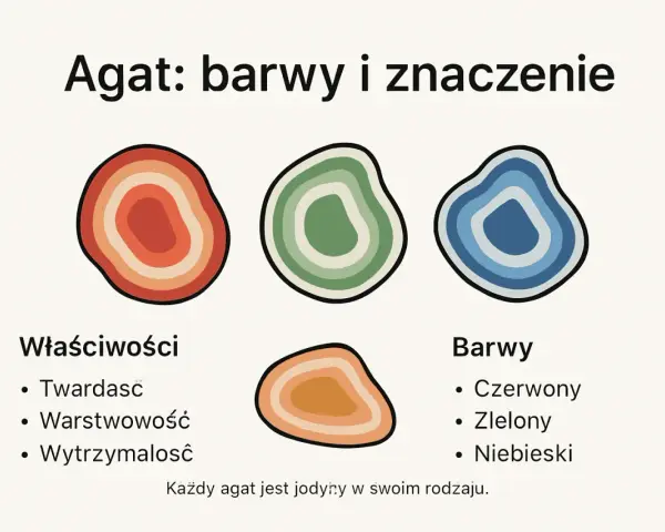 Ilustracja przedstawia trzy kolorowe odmiany agatu: czerwony, zielony i niebieski, ukazując jego warstwową strukturę.