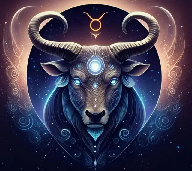 Mistyczny byk znak zodiaku, otoczony kosmicznymi wirami i gwiazdami, emanuje niebieską poświatą.