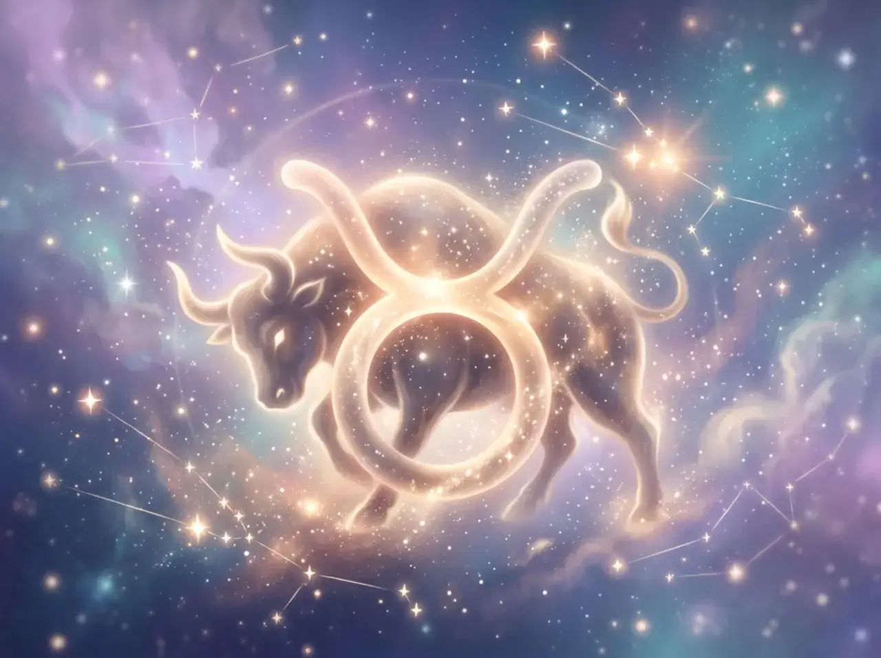 Byk znak zodiaku, lśniący w gwiezdnej mgławicy, otoczony konstelacjami.