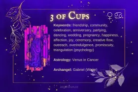 Trzy kielichy tarot symbolizują radość, wspólnotę i świętowanie. Karta ta zapowiada szczęśliwe chwile i udane relacje.