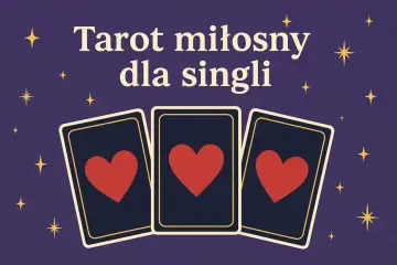 Tarot miłosny dla singli: trzy karty z sercami na granatowym tle, otoczone gwiazdkami.