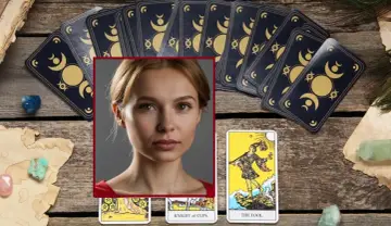 Portret kobiety nad rozłożonymi kartami tarota. Wróżba tarot na jutro dla bliźniąt.