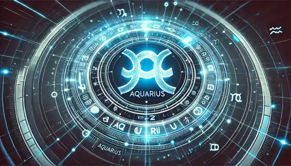 Cyfrowa mandala z symbolem Wodnika i znakami zodiaku. Ascendent Wodnik w centrum, otoczony kosmicznymi liniami i światłami.