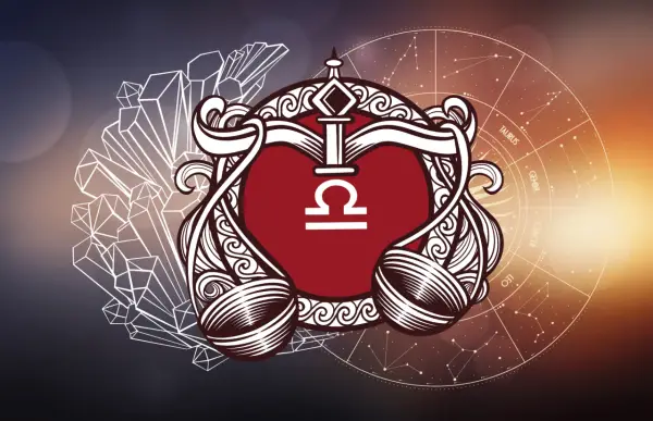 Symbol Wagi, który żywioł powietrza, w ozdobnej ramie, na tle kryształów i zodiaku.