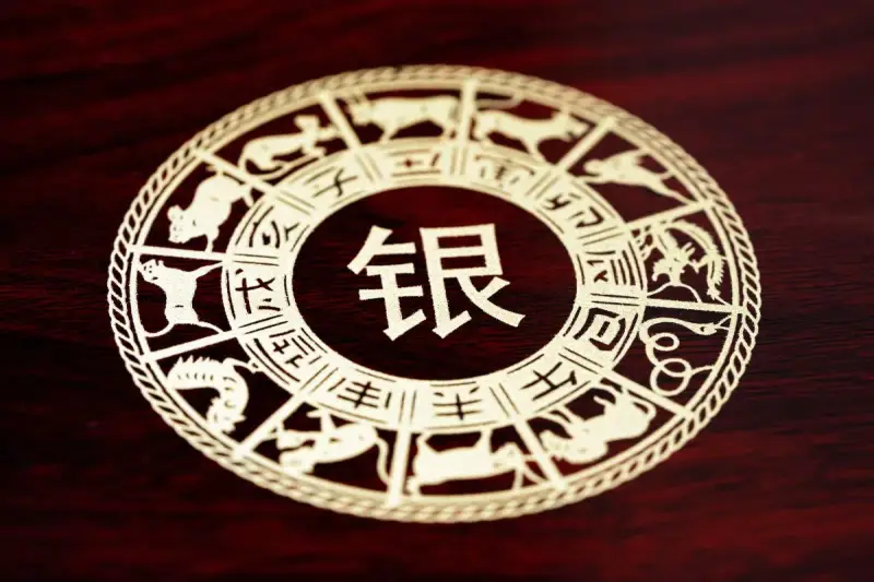 Ozdobny, wycinany okrąg z chińskimi znakami zodiaku, w tym symbolem roku kozy.